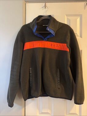 cotopaxi Olive Fleece Crewneck with Orange Chest Stripe and Blue Trim
